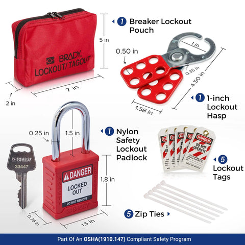 Lockout Tagout Electrical LOTO Kit for Quick Power Down 120/277V to 480/600V Circuit Lockouts Red Padlock Hasps and Tags