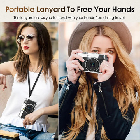 Two women holding a 4K Digital Camera With 48MP Auto Focus, 16x Zoom, Flash Viewfinder and Dial, showcasing portable use.