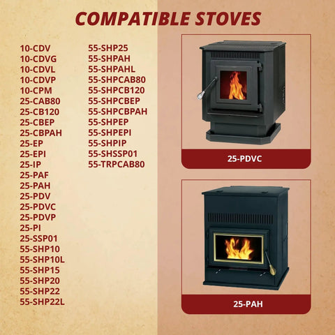 Product compatibility list for 25-PDVC and various other stove models for Combustion Exhaust Blower Motor Fan With Housing And Gasket.