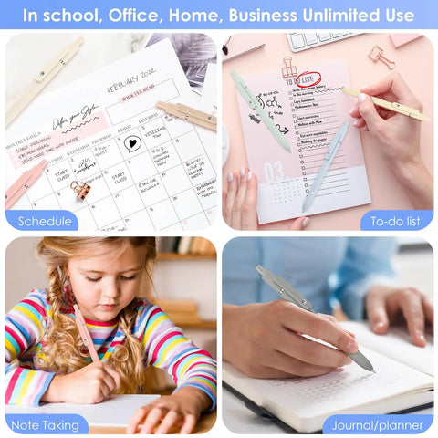 Collage showing 7 Pack 0.5mm Quick Dry Gel Pens With Fine Point Smooth Writing Black Ink for various writing tasks