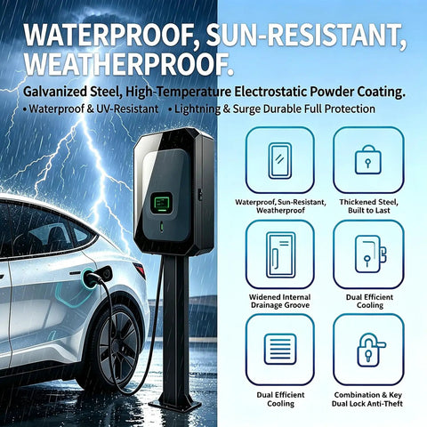 Tough As Nails Outdoor EV Charger Box With Thick Waterproof Shield And Heavy Duty Combo Lock mounted on a pedestal in rain.