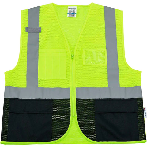 Stay Dead Visible On The Job With This Class 2 Hi Vis Safety Vest Breathable Lime Black Mesh Work Gear Zip Front Radio Mic Tab Reflective Strips Built Solid For Road Crews Large Xl - front view of lime mesh vest with reflective strips.