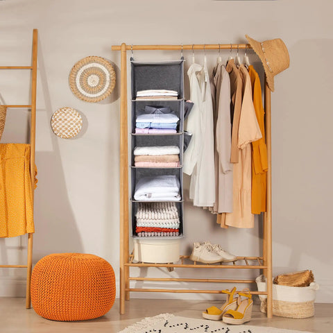 Five Tier Hanging Closet Organizer With Side Pockets, Super Solid Foldable Wardrobe Rack, Keeps Bedroom Clutter At Bay, Reinforced Steel Frame And Breathable Grey Fabric, Next Level Closet Upgrade For Small Spaces