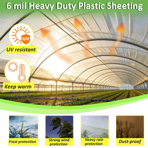 Heavy Duty 6 Mil Clear Greenhouse Plastic Sheeting Anti Drip UV Resistant Thickened Polyethylene Film For 24 X 25FT Greenhouses, Windproof Tear Resistant Cover Built To Stand Up To Harsh Weather And Seasonal Growers