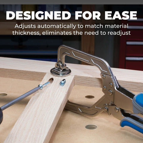Automaxx Auto-Adjust Clamp Pressure Technology Wood Project Clamp 3 Inch Face Clamp holding wood on workbench