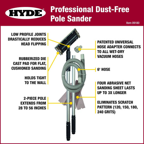 Image of Dust Free Vacuum Sander For Drywall with Pro Pole Sander, details on features like rubberized cast pad, 6' hose, and sanding sheets.