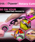 Cordless Electric Fabric Scissors Set With Rotary Cutter And Heavy Duty Cutting Tool For Crafts Sewing Cardboard Carpet And Scrapbooking Dope Battery Powered Cutter Kit Includes Battery Charger Extra Blades And Three Year Warranty, pink rotary cutter in use cutting fabric.