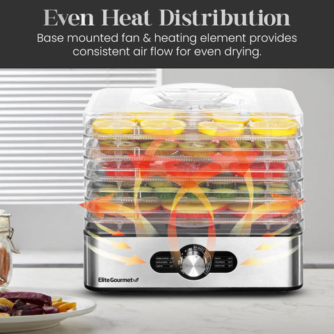 Kitchen Workhorse Food Dehydrator Featuring Durable Stainless Steel Trays And Adjustable Temperature Dials with visible fruits on trays.