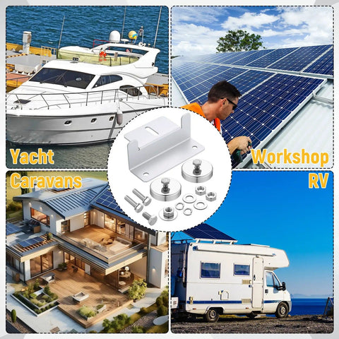 Collage showing uses of No Drill Magnetic Solar Panel Mount Brackets, 300 Lb Per Bracket, 1200 Lb Total With 4 Pack, Aluminum Z Brackets.