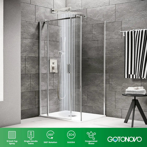 10 Inch Rainfall Shower Head and Wall Mounted Handle Set in Brushed Nickel Solid Brass Pressure Balancing Shower Mixer Valve Complete Shower System for Spa Like Showers No Fuss Install in modern bathroom with glass enclosure