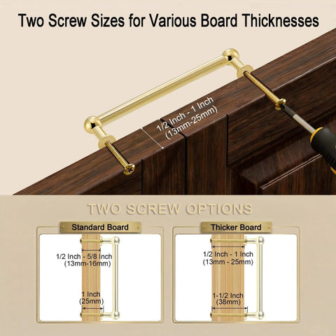 3-Inch Hole Center Unlacquered Brass Cabinet Pulls 5-Pack showing screw size options for board thickness