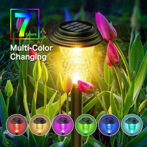 8 Pack Solar Pathway Lights With Auto 7 Color Changing And Warm White Modes illuminating garden flowers