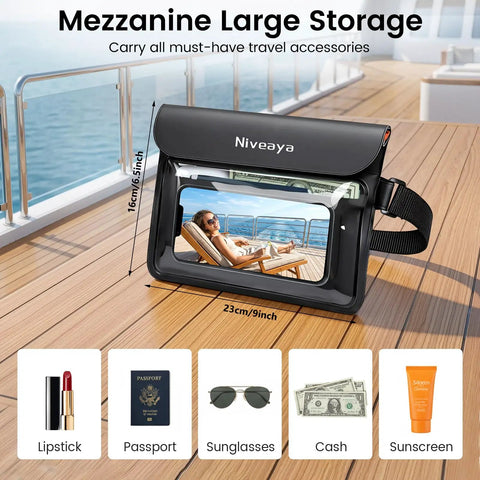 IPX8 Waterproof Fanny Pack Duo Dry Bag with large storage, showing dimensions and contents on a ship deck for water activities.