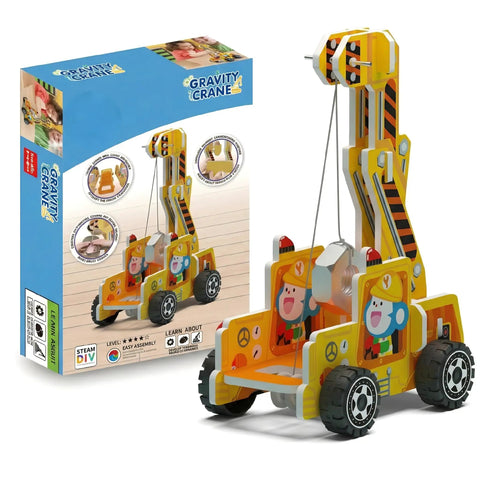 Gravity Crane Science Kit for Kids with pulley and lever model, includes colorful crane and package box for hands-on learning.