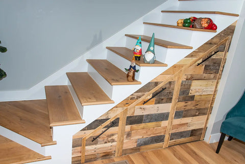 Staircase with Reclaimed Wood Plank Set For DIY Rustic Accent Wall With Multi Width And Color Kiln Dried And Easy To Install Vintage Vibe