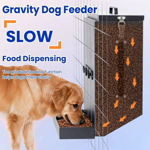 Real Deal Automatic Dog Feeder Hanging Pet Cage Food Dispenser Holds 17 Pounds For Big Packs And Multi Pet Homes Quick Setup Gravity Bowls For Easy Daily Grind, dog using gravity feeder.