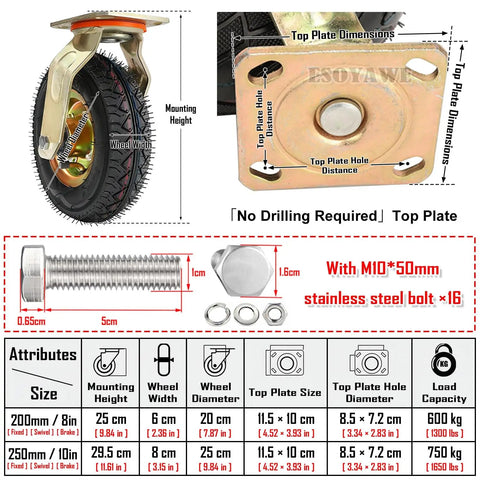 Diagram of Beefy 8 Inch Swivel Casters With Top Plate And Brake Set Of 4 Pneumatic Rubber Wheels dimensions and components