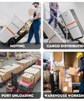 Powerful Electric Stair Climbing Hand Truck With Heavy Duty Rubber Tracks And Adjustable Tray For Moving Furniture Up Stairs Fast Plus Lithium Battery Safety Rope Gear in action for moving and unloading furniture.