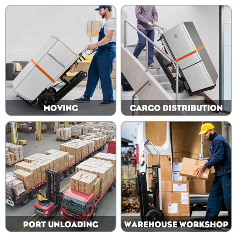 Powerful Electric Stair Climbing Hand Truck With Heavy Duty Rubber Tracks And Adjustable Tray For Moving Furniture Up Stairs Fast Plus Lithium Battery Safety Rope Gear in action for moving and unloading furniture.
