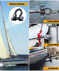 Badass 5/16 Inch Black Bow Shackles Featuring A Rock Solid 3/8 Pin And Wide 1/2 Jaw Heavy Duty Marine Grade 316 Stainless Steel Anchor Rigging Hardware With Cotter Pins 2 Pack Hella Durable Boat Gear used in marine and boating applications.