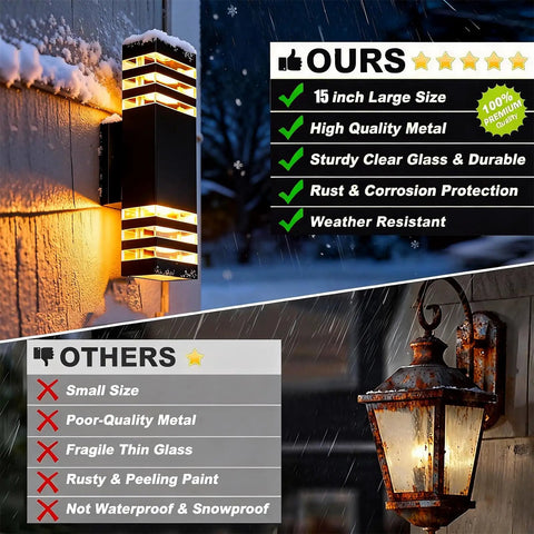 4 Pack 15 Inch Dope Outdoor LED Wall Lights Hardwired Exterior Sconces with quality comparison, shown lit in snowy night.