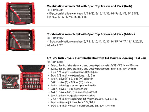 248 Piece Tool Set In A Modular Stacking Tool Cart With Six-Drawer L-BOXX Compatible Organizer displayed with various wrenches and sockets.
