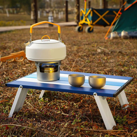 Foldable Beach Table For Picnics And Camping, Portable Aluminum Side Table With Carry Bag, Compact 16x11x5 Inches, Navy Striped Design