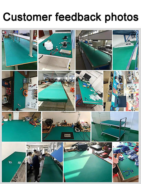 Collage of customer feedback featuring Pro Grade Anti Static Work Mat For Electronics Repair 2mm Thick Non Slip Wear Resistant Soldering Bench Mat With 0.7x10 Meter Length 2.30x32.8 Feet Anti Static Adhesive Surface Quickly Discharges Static To Protect Chips And Circuit Boards on various benches.