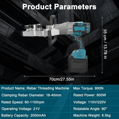90 Degree Rotatable Rebar Threading Machine With 800W Brushless Motor And 800Nm Torque, 16-40mm rebar, 70cm tool