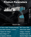 REWECI Cordless Rebar Threader Machine With 800W Brushless Motor showing product parameters and dimensions for underground construction.