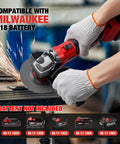 Cordless Milwaukee M18 angle grinder in red, 4.5-inch disc, in use with sparks; battery not included.