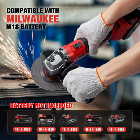 Cordless Milwaukee M18 angle grinder in red, 4.5-inch disc, in use with sparks; battery not included.