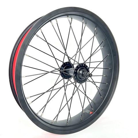 Beefy Front Fat Bike Wheel Set 20x4.0 Bolt On Rim for Snow Riding, side view showing double wall aluminum rim and dual bearing hub