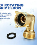 Brass 90 Degree Hose Elbow For RV And Garden Three Quarter Inch Leak Free Water Connector That Prevents Kinks And Delivers Smooth Flow No Fuss Fit For RV Inlets And Outdoor Faucets Durable Backyard Hose Fitting, brass RV rotating grip elbow with gasket