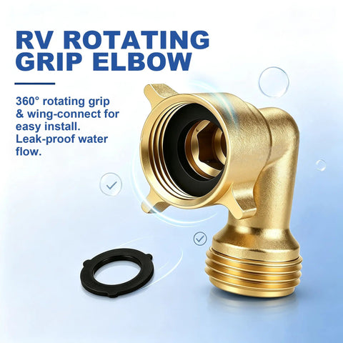 Brass 90 Degree Hose Elbow For RV And Garden Three Quarter Inch Leak Free Water Connector That Prevents Kinks And Delivers Smooth Flow No Fuss Fit For RV Inlets And Outdoor Faucets Durable Backyard Hose Fitting, brass RV rotating grip elbow with gasket