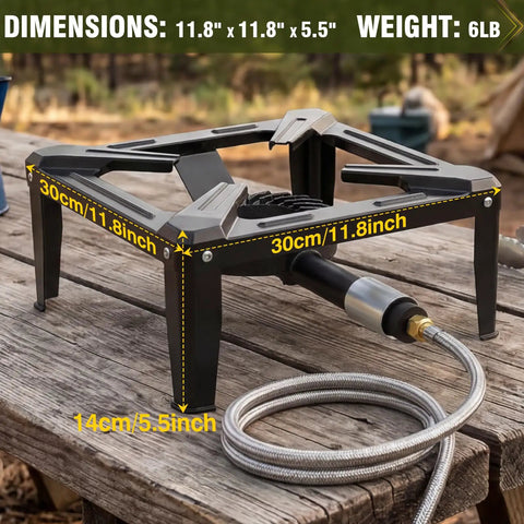 Heavy Duty Cast Iron Propane Burner With Adjustable Regulator Hose for Outdoor Camping and Wok Cooking on wooden table