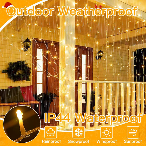 Christmas Curtain Lights 300 LED 9.8 By 9.8 Feet Waterproof Outdoor Curtain String Lights With Remote Timer 8 Modes USB Waterfall