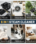 Image showing 6 in 1 Steam Cleaner attachments: nozzle, brass brush, window scraper, nylon brush, and ironing head.