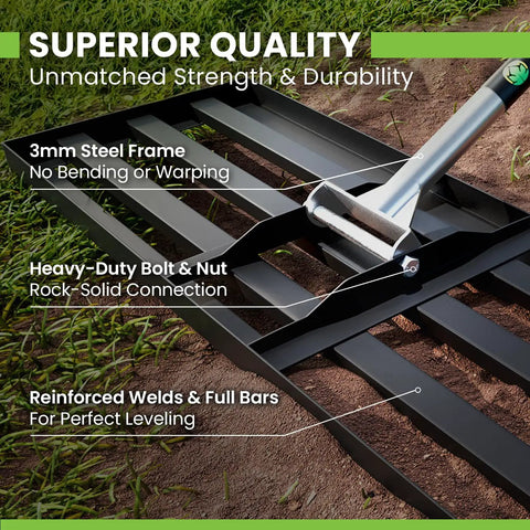 Heavy Duty Lawn Leveling Rake 30 Inch By 10 Inch, Steel Yard Leveler Tool For Soil Sand And Top Dressing, shown in use with handle