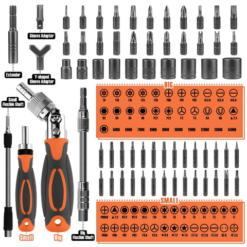 Complete 68 In 1 Ratcheting Screwdriver Set With Magnetic Bits Rotatable Ratchet Handles Extension Bar And Sockets Plus Storage Case