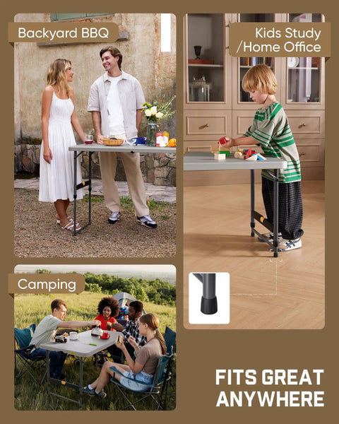 Four Foot Outdoor Folding Table With Quick Adjustable Height No Assembly One Hand Lift Operation Locking Legs For Stable Indoor Outdoor Dining Parties Picnics Camping Easy Setup And Go 1 Pack in backyard, home office, camping setup.
