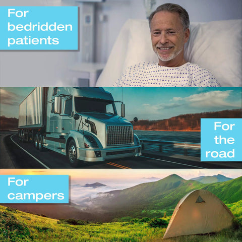 Images of bedridden patient, truck on highway, and camping tent; Glow In The Dark Urinal For Men With Spill Proof Screw On Lid 32oz