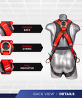 Back view of Five Point Full Body Fall Protection Harness Kit With Six Foot Lanyard And Snap Hook Eighteen Inch D Ring Extender