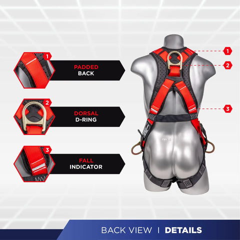 Back view of Five Point Full Body Fall Protection Harness Kit With Six Foot Lanyard And Snap Hook Eighteen Inch D Ring Extender
