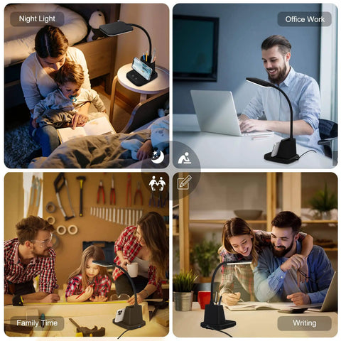 Lit Desk Lamp With Built In Wireless Charger And Pen Holder, Dimmable LED Desk Light For Home Office Or Dorm, 10W Wireless Charging, Black