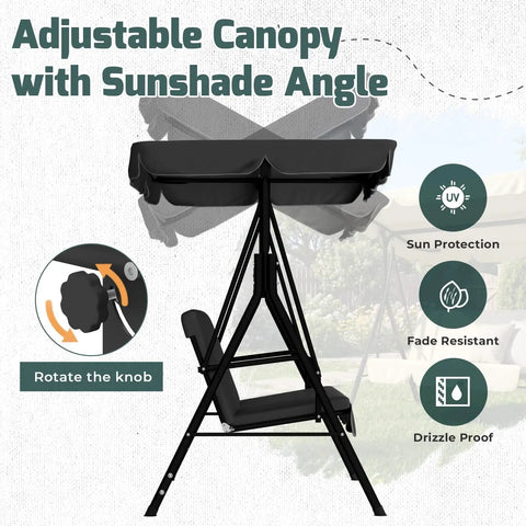 Three Seat Outdoor Porch Swing With Canopy And Cushions For Backyard And Garden Comfort, Weatherproof Steel Frame, Adjustable Canopy