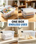 32 Quart Clear Plastic Storage Bins With Easy Snap Lids Stackable Home Organization Totes For Closet Bedroom Garage containing office supplies and towels.