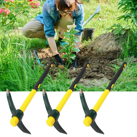 Woman gardening with Go To Mattock Hoe With Fiberglass Handle Dual Head Weeding Pickaxe For Camping Prospecting And Garden Work