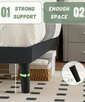 Queen Size Platform Bed Frame With Velvet Headboard And Wing Edge Design Crafted From Solid Wooden Slats For Legit Noise Free Rest No Box Spring Needed Straight Up Easy Assembly Matte Black Finish showing strong support and high legs.