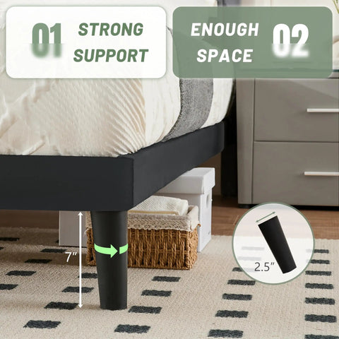 Queen Size Platform Bed Frame With Velvet Headboard And Wing Edge Design Crafted From Solid Wooden Slats For Legit Noise Free Rest No Box Spring Needed Straight Up Easy Assembly Matte Black Finish showing strong support and high legs.
